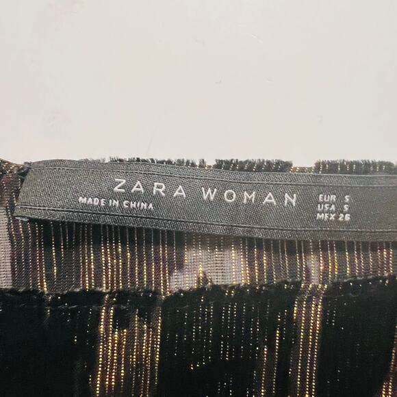 Zara Velvet Burn Out Glittery Puff Sleeves Tulip Dress Size Small Black Gold - Picture 7 of 10